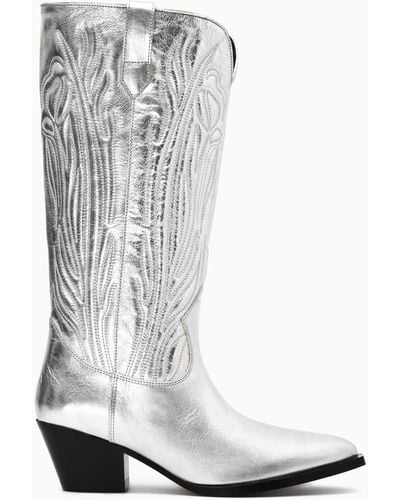 COS Embroidered Leather Cowboy Boots - White
