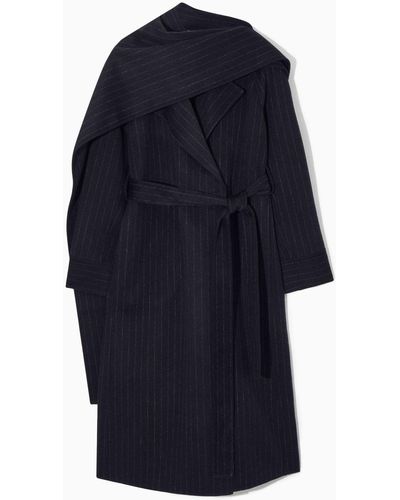 COS Oversized Pinstriped Wool Scarf Coat - Blue