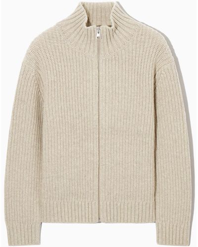COS Funnel-neck Knitted Wool Jacket - Natural