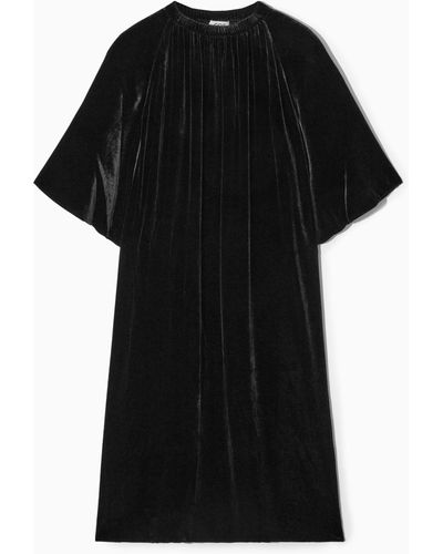 COS Gathered Silk-blend Velvet Midi Dress - Black