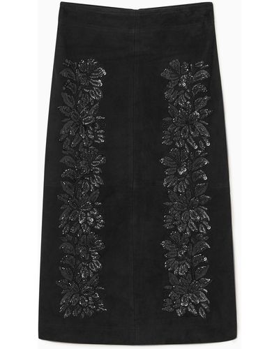 COS Sequinned Suede Midi Skirt - Black