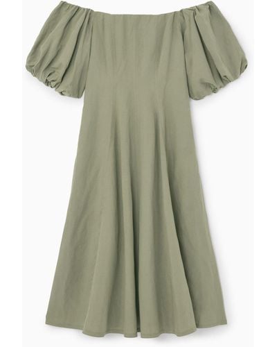 COS Off-the-shoulder Puff-sleeve Midi Dress - Green