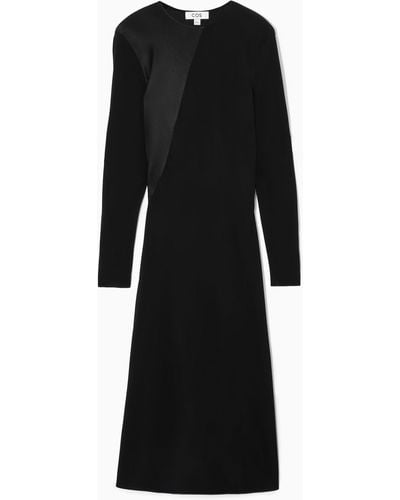 COS Power-shoulder Satin-panel Midi Dress - Black