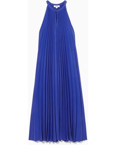 COS Pleated Halterneck Midi Dress - Blue