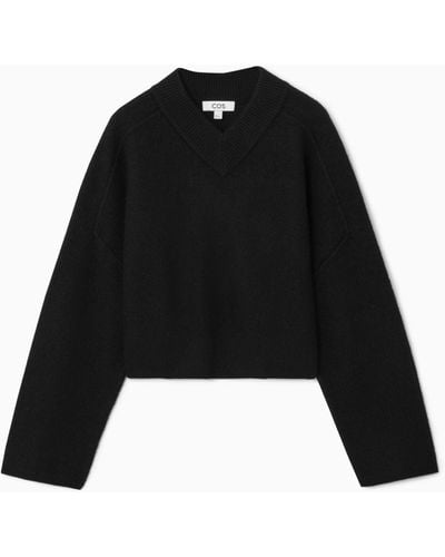 COS Cropped V-neck Wool Sweater - Black