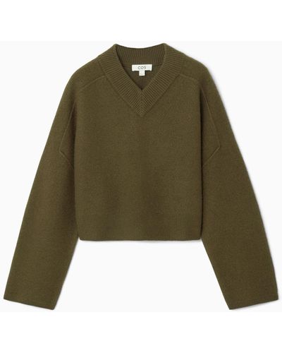 COS Cropped V-neck Wool Sweater - Green