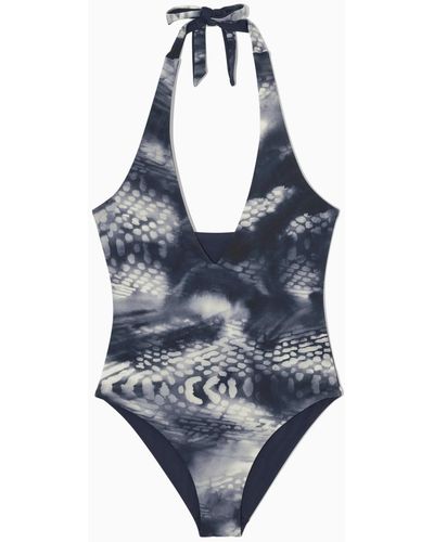 COS Reversible Printed Plunge Swimsuit - Blue