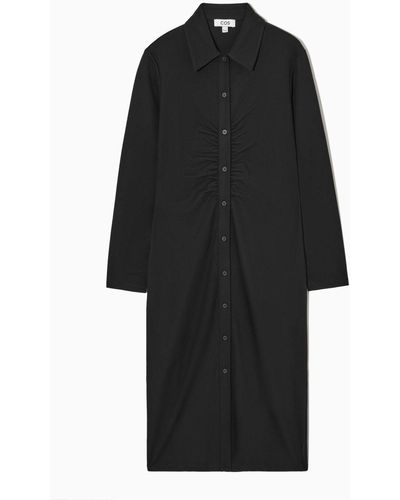 COS Gathered Midi Shirt Dress - Black