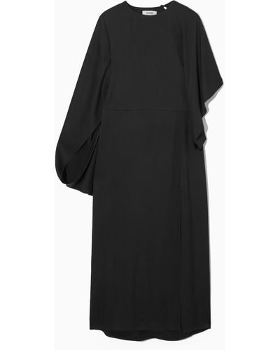 COS Asymmetric-sleeve Draped Midi Dress - Black