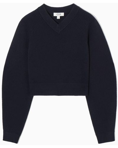 COS Cropped V-neck Wool Sweater - Blue
