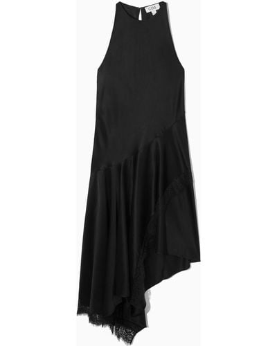 COS Asymmetric Lace-trimmed Satin Dress - Black
