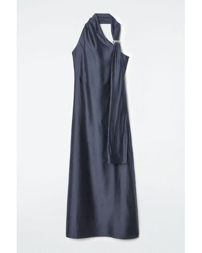 COS Asymmetric Brooch-detail Maxi Dress - Blue