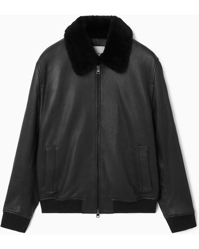 COS Shearling-trimmed Leather Bomber Jacket - Black