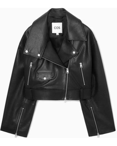 COS Oversized Cropped Leather Biker Jacket - Black