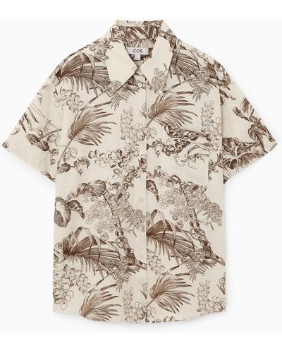 COS Botanical-print Short-sleeved Linen Shirt - Natural