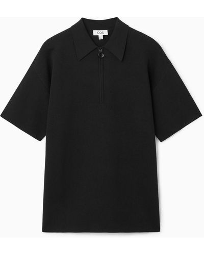 COS Double-faced Knitted Zip-up Polo Shirt - Black