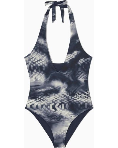 COS Reversible Printed Plunge Swimsuit - Blue