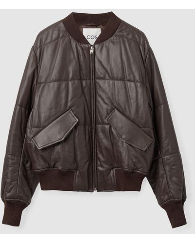 COS Padded Leather Bomber Jacket - Brown