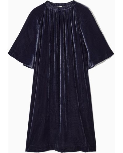 COS Gathered Silk-blend Velvet Midi Dress - Blue