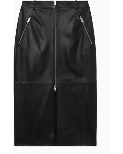COS Zip-up Leather Midi Skirt - Black
