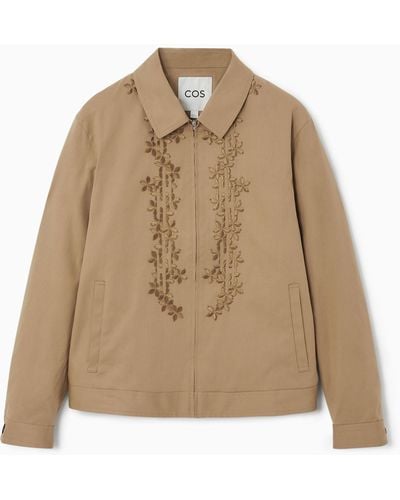 COS Embroidered Floral Zip-up Overshirt - Natural
