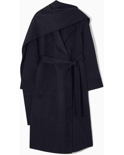 COS Oversized Pinstriped Wool Scarf Coat - Blue
