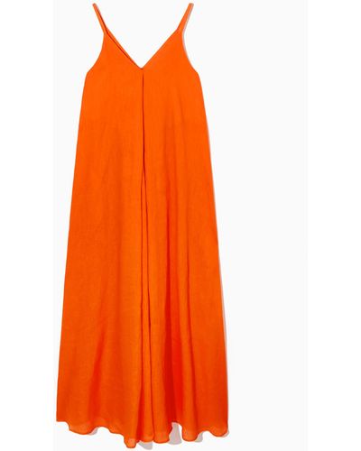 COS Pleated V-neck Linen Midi Dress - Orange
