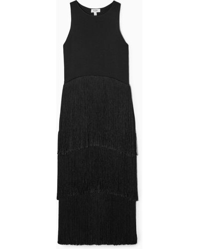 COS Fringed Tiered Midi Dress - Black