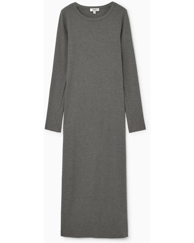 COS Ribbed Long-sleeved Midi Dress - Grey
