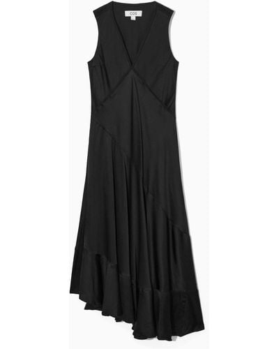 COS Asymmetric Satin Midi Dress - Black