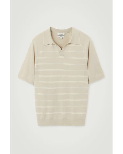 COS Striped Knitted Polo Shirt - Natural