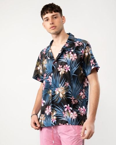 BOSS Short Sleeve Tropical Print Beach Shirt - Blue