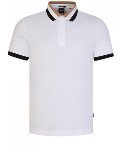 BOSS Prout Mercerised Cotton Polo Shirt With Signature Stripe Collar - White