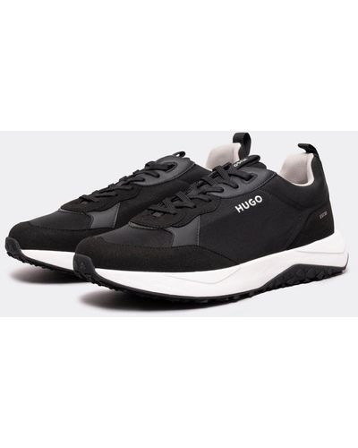 HUGO Clint Leather Cupsole Sneakers With Logos And Signature Stripe - Black