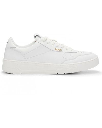 BOSS Baltimore Low Top Leather Sneakers With Gold-tone Logos - White
