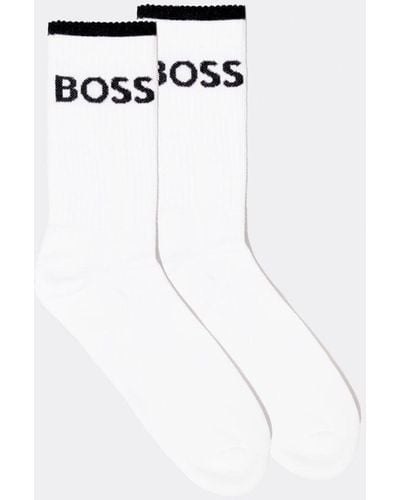 BOSS 6 Pack Stripe Combed Cotton Quarter Length Socks - White