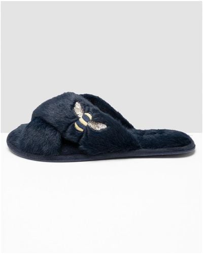 Joules Faux Fur Slider With Embroidery Detail - Blue