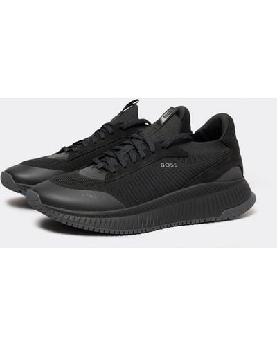 BOSS by HUGO BOSS Clint Leather Cupsole Trainers With Logos And Signature Stripe - Black