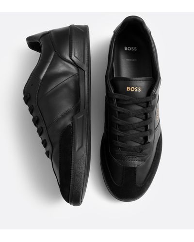 BOSS Brandon Leather And Suede Sneakers With Embossed Logos - Black