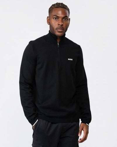 BOSS Ever-x Cotton Blend Zip-neck Sweater With Logo Print - Black
