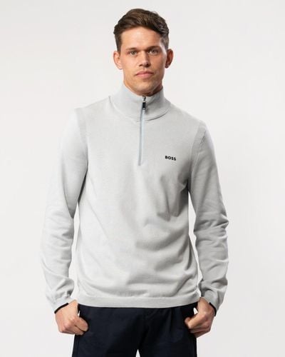 BOSS Ever-x Cotton Blend Zip-neck Sweater With Logo Print - Gray
