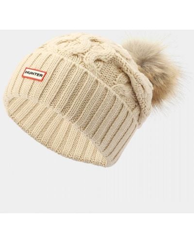 HUNTER Unisex Cable Knit Beanie With Pom - Natural