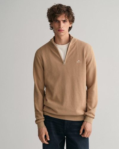 GANT Cotton Pique Half Zip Jumper - Natural