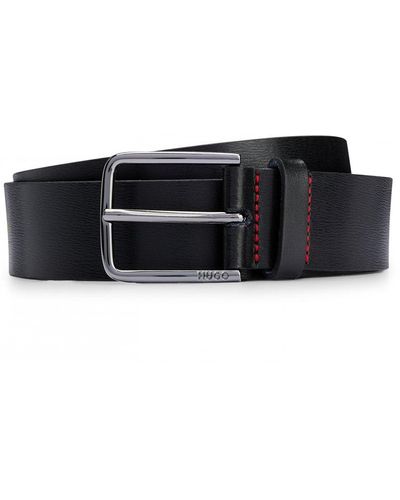 HUGO Gerik Italian Leather Belt With Logo Engraved Buckle - Black