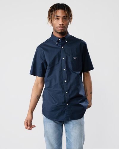 GANT Regular Broadcloth Short Sleeve Button Down Shirt - Blue