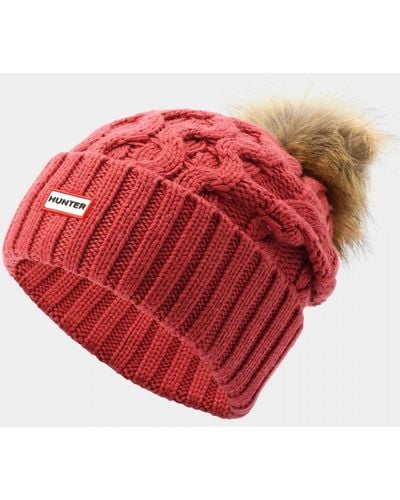 HUNTER Unisex Cable Knit Beanie With Pom - Red