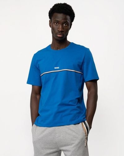 BOSS Unique Stretch-cotton Pajama T-shirt With Logo Print - Blue