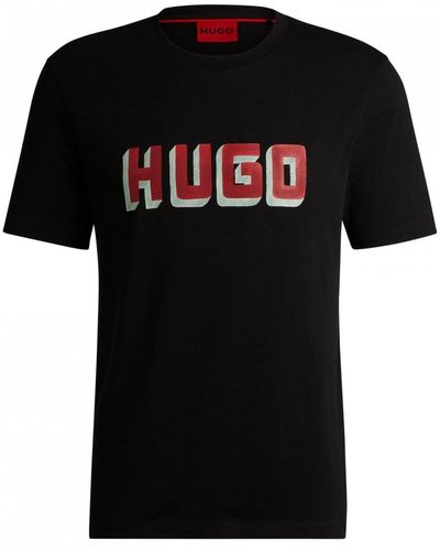 HUGO Daqerio Cotton Jersey T-shirt With Logo Print - Black