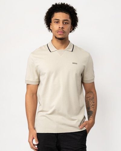 BOSS Palle Short Sleeve Polo Shirt With Contrast Tipped Collar - Natural