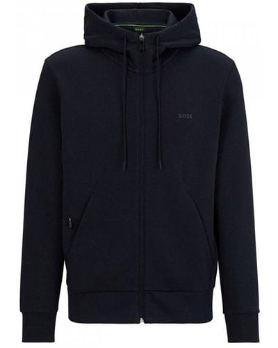 BOSS Saggy Stretch Cotton Zip-up Hoodie With Logo Print Nos - Blue
